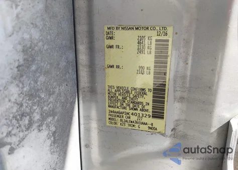 2017 Nissan Maxima 3.5 Sl z USA, uszkodzony, nr VIN 1N4AA6AP1HC401329